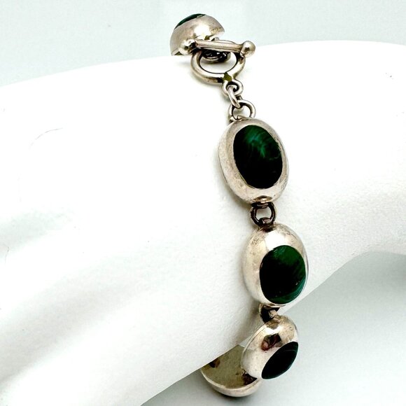 Vtg Mexico 925 Sterling Silver Malachite Bracelet 7.5 Oval Links Toggle Clasp - Picture 7 of 13